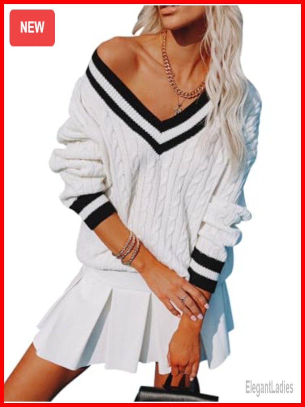 Womens V Neck Oversized Cable Knit Pullover Sweater Long Sleeve Chunky Tunic Top